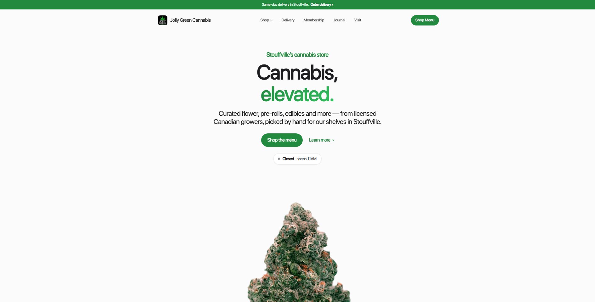 jollygreencannabis.ca — homepage we designed and built for Stouffville's cannabis store
